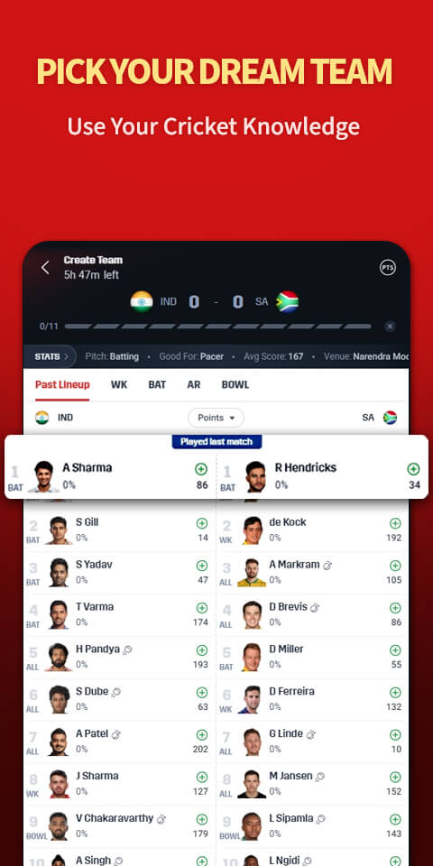 Phone showing Create Team for a cricket match